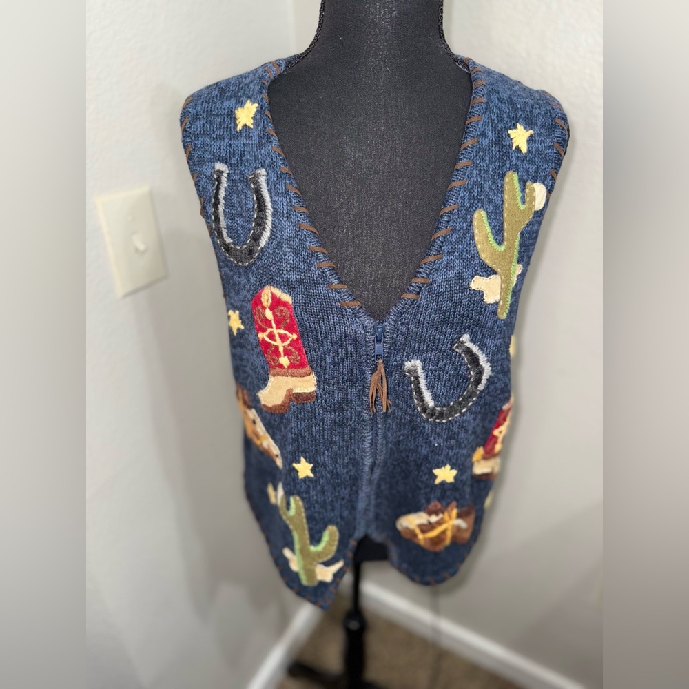 Vintage Tiara International Blue Knit Western Theme Vest- Size Large‎